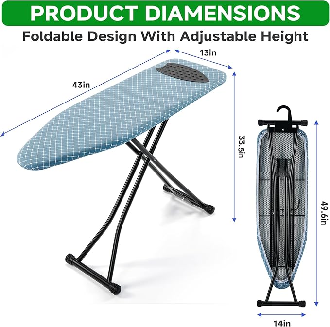 Compact Ironing Board 13 x 43, Iron Board with Heat Resistant Surface, Adjustable Height, Space Saving Table with Hook & Iron Rest for Home & Laundry Room, Diagonal Checkered Blue-Ruum Studio Home