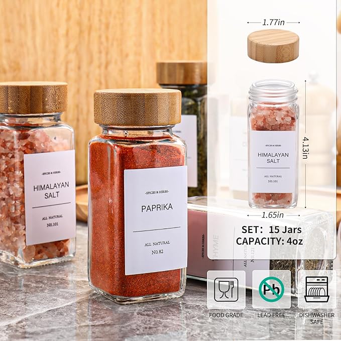 DIMBRAH Spice Jars with Label-4oz 36Pcs, Glass Spice Jars with Bamboo Lids, Container Set with White Printed Labels,Kitchen Empty Jars with Shaker Lids-Ruum Studio Home