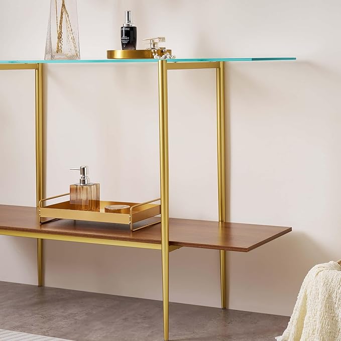 Extra Large Glass Console Table for Living Room, Foyer & Entrance, L47 x W16 x H31, Mid-Century Modern Sofa Table with Clear Glass Top, Walnut Finish Wood Top and Gold Finish Metal Frame-Ruum Studio Home