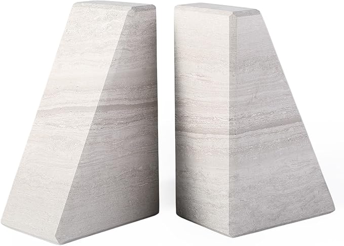 Marble Book Ends for Heavy Books, Decorative Bookends for Shelves, Durable and Heavy-Duty Bookends for Hardback Book & CDS, Off-White Unique Books Stopper & Holder, Set of 2-Ruum Studio Home