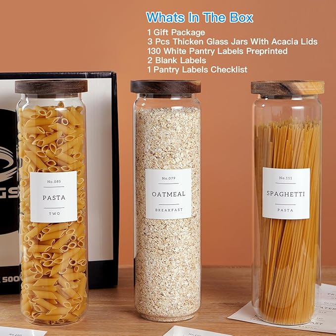 3 Set Glass Pantry Storage Jars with Acacia Airtight Lid - 50oz Thicken Glass Kitchen Canisters with 132 Pantry Labels - Tall Food Storage Containers with Wood Lid for Pasta,Spaghetti,Cereal-Ruum Studio Home
