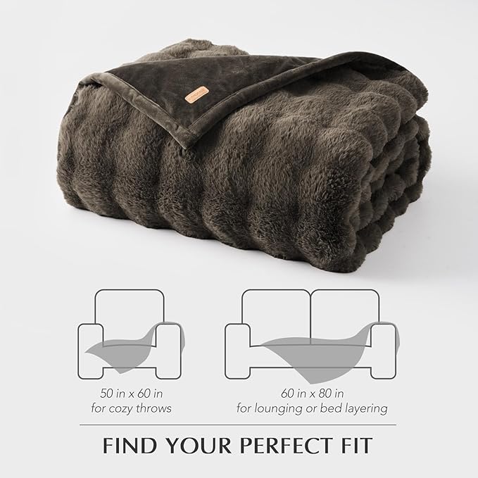 EVERGRACE Ultra Soft Luxury Fluffy Faux Rabbit Fur Throw Blanket, Thick Warm Fuzzy Blankets for Bed, Cozy Plush Reversible Blanket for Couch, Chair, Sofa, Dark Taupe, 60x80 Inches, 870 GSM-Ruum Studio Home