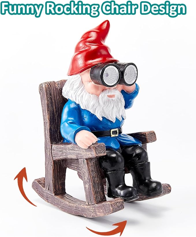 Solar Garden Gnome Statues Resin Gnome Figurines Sitting on Rocking Chair Outdoor Telescope Gnome Gifts for Yard, Patio Decor Gift-Ruum Studio Home