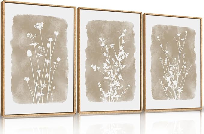 HPINUB Large Boho Wildflowers Canvas Framed Wall Art Set,Minimalist Vintage Flower Wall Decor,Beige Floral Botanical Artwork for Living Room Bedroom,Dining Room,Office -16"x24"x3-Ruum Studio Home