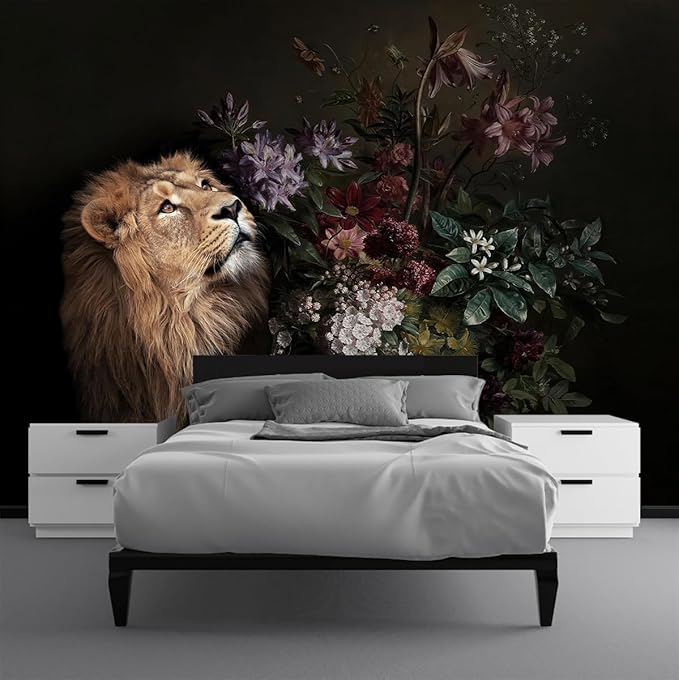 Lion Floral Wallpaper Nursery Wildlife Background Wall Mural Children's Room (Not Peel and Stick)-Ruum Studio Home