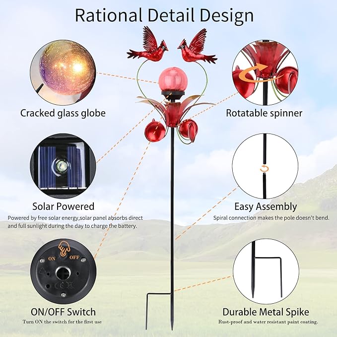VCUTEKA Cardinal Solar Lights Outdoor Metal Garden Stake Waterproof Crackle Glass Globe Garden Decor Cardinal for Pathway, Lawn, Patio, Yard-Ruum Studio Home
