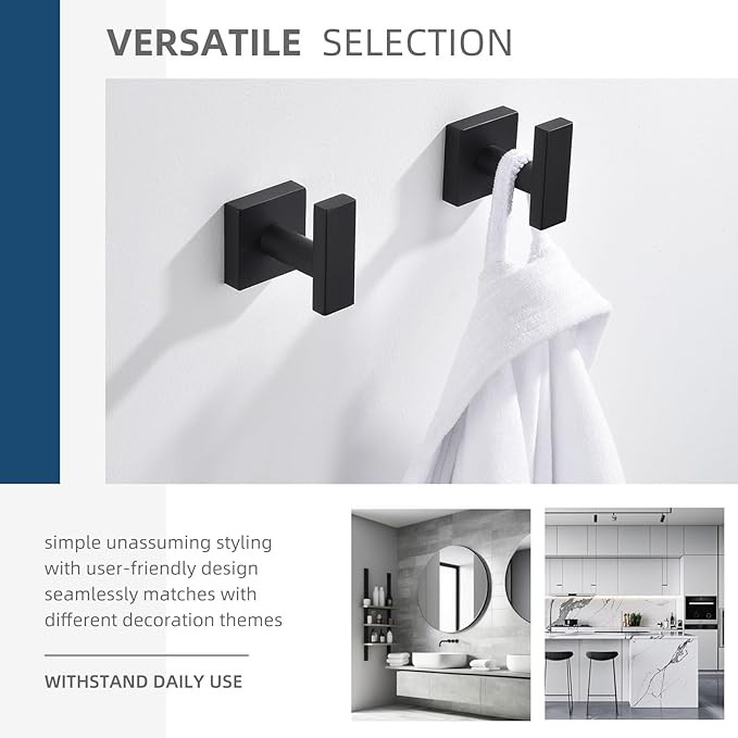 Angle Simple Bathroom Towel Hooks, Stainless Steel Robe Coat Hooks for Wall, Matte Black, 2 Pack-Ruum Studio Home