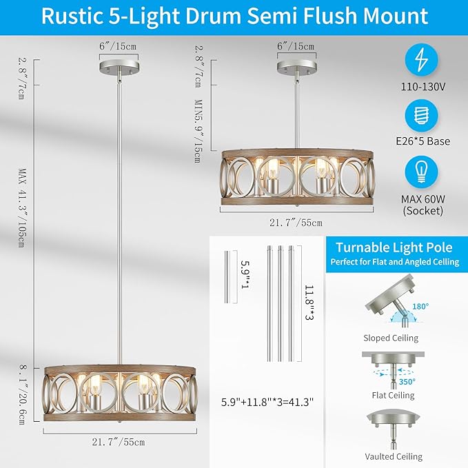 XINGQI 21.7'' Modern Farmhouse Chandelier Drum Pendant Lighting Fixture Hanging Ceiling Lamp for Living Dining Room Over Table, 5 Lights Antique Wood Grain Brushed Nickel with Round Metal-Ruum Studio Home