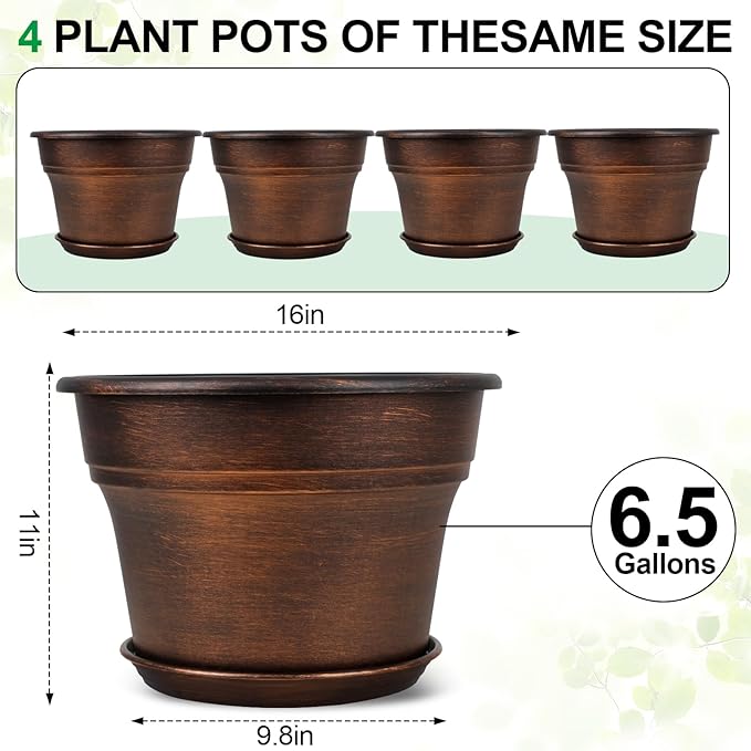 Plant Planters Pots Set of 4 Pack 16 Inch，Large Plastic Flower Pot for Indoor Plants with Drainage Holes & Trays, Resin Decorative Container Sets with Saucer for House Outdoor Garden Plant Copper-Ruum Studio Home