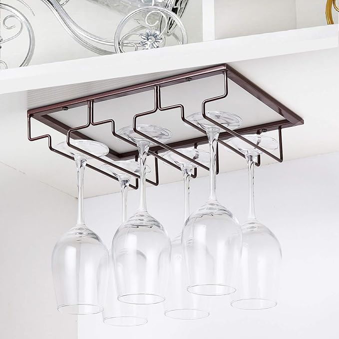 Wine Glass Rack - Under Cabinet Stemware Wine Glass Holder Glasses Storage Hanger 2 Pack Metal Organizer for Bar Kitchen Brown-Ruum Studio Home