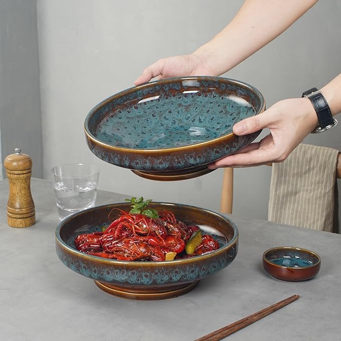 Ceramic Fruit Bowl for Kitchen Counter,Decorative Pedestal Bowl for Table Countertop,Large Footed Serving Bowl,10.2 Inch (peacock Green)-Ruum Studio Home