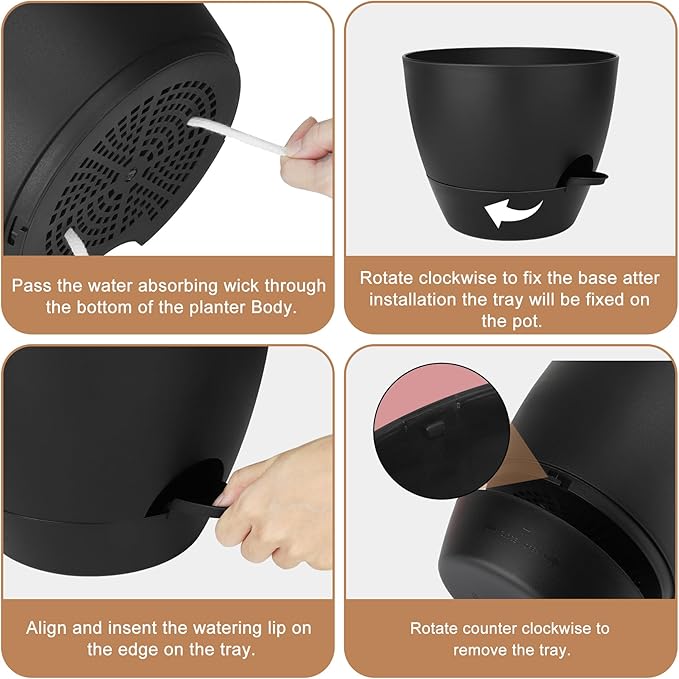 Plant Pots 12/10/9 Inch Self Watering Pots, Set of 3 Plastic Planters with Drainage Holes and Saucers,Plastic Flower Pots,Nursery Planting Pot for Indoor Out Door Plants(Pure Black)-Ruum Studio Home