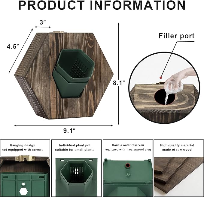 Hexagonal Wooden Wall Planter, Self Watering Living Vertical Planter Indoor, Wooden Frame Planter Wall Decoration Home Office,2pc Walnut-Ruum Studio Home