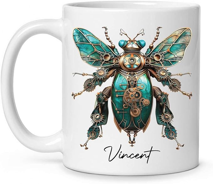 Unique Mechanical Insect Art Ceramic Cup, Personalized Steampunk Beetle Design Coffee Mug 11oz, Custom Name White Mug For Science Fiction Enthusiasts, Customized Insect Ceramic Mug-Ruum Studio Home