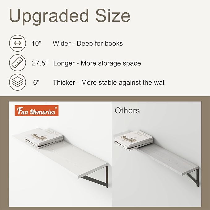 Fun Memories 27.5" W x10 D Floating Shelves, White Wall Shelf with Brackets, 10 Inch Deep Floating Shelf Set of 2, Large Storage Kitchen Living Room Bathroom Shelves, Wood Wall Mounted Shelf-Ruum Studio Home