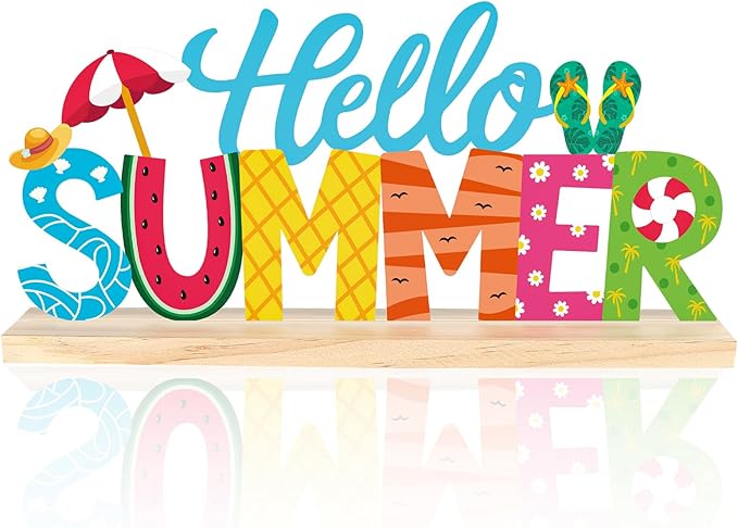 COCHIE Metal Hello Summer Sign, Summer Decorations for Home, Office, Shelf, Mantel, Indoor, Beach Slippers Tabletop Centerpiece Decoration, Watermelon Red Decor (Beach)-Ruum Studio Home