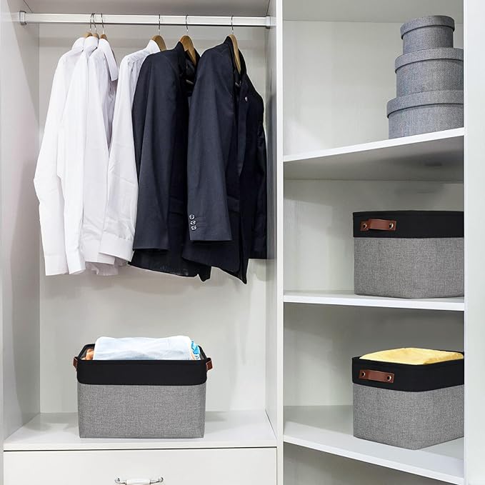 Storage Bins Large Fabric Storage Baskets for Shelves 3 Pack, Decorative Linen Closet Baskets with Handles for Organizing, Shelf, Clothes, Home, Office, 15x11x9.5Inches (Grey&Black)-Ruum Studio Home