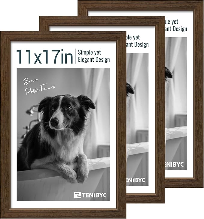 11x17 Picture Frame 3 Pack - Brown Woodgrain, Wood Photo Frame, HD Tempered Glass, Wall Gallery Poster Frame-Ruum Studio Home