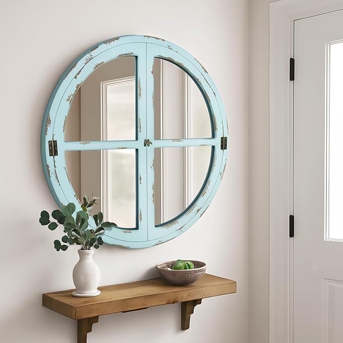 30" Round Window Mirror, Vintage Coastal Wall Mirror with Distressed Blue Wood Frame & Faux Windowpanes, Farmhouse Cottagecore Decor for Living Room, Entryway, or Dining Room-Ruum Studio Home
