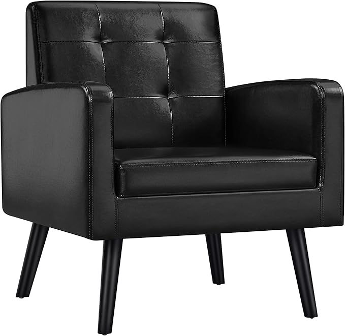 Yaheetech Mid-Century Accent Chairs, PU Leather Modern Upholstered Living Room Chair, Cozy Armchair Button Tufted Back and Wood Legs for Bedroom/Office/Cafe Black-Ruum Studio Home