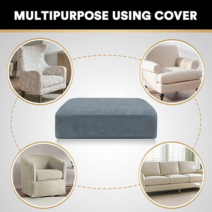 PrinceDeco Stretch Velvet Couch Cushion Cover,Soft Cushion Slipcover for Chair Cushion Fitted Sofa Cover Furniture Protector for Sectional Cushion Cover (Width Up to 29.5", Stone Blue)-Ruum Studio Home