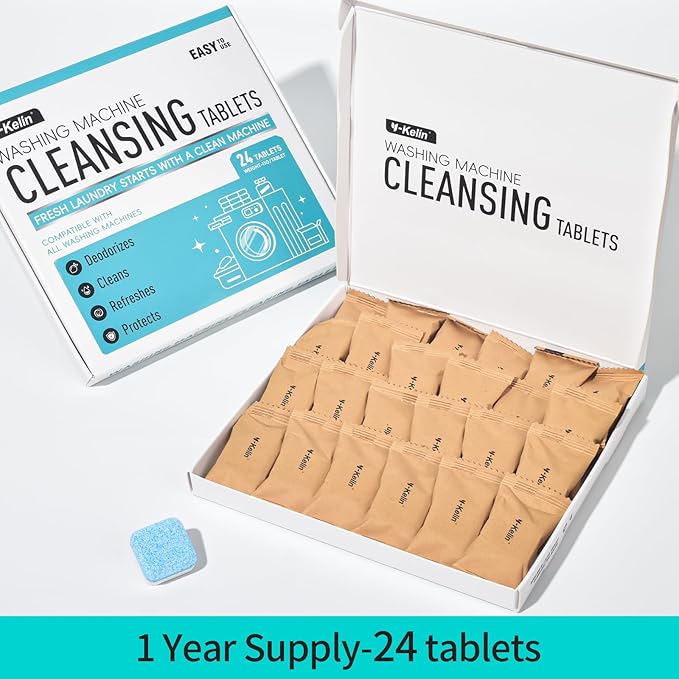 Washing Machine Cleaner Tablets 24 Pack -1 Year Supply for HE Front Loader & Top Load Washer,Septic Safe Washer Machine Cleaner Tablets, Deep Clean,Eco-Friendly Deodorizer-Ruum Studio Home