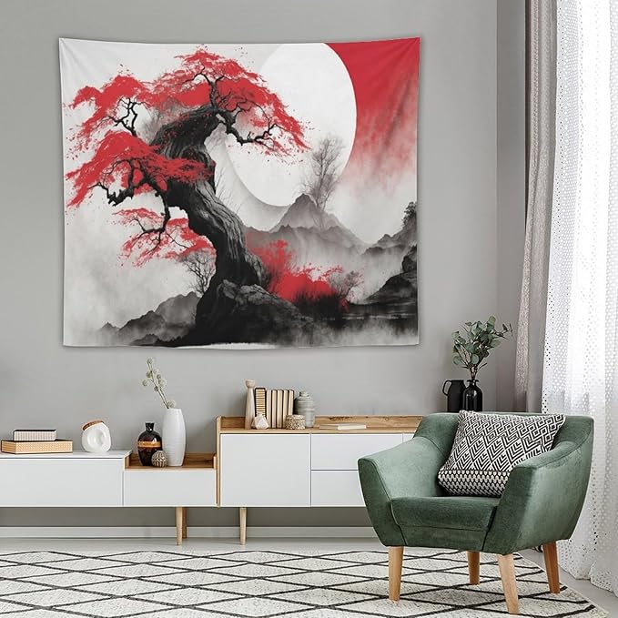 Cherry Blossoms Tapestry,Japanese Red Landscape Asian Watercolor Abstract Art Tapestry,Japanese Wall Tapestry, Nature Landscape Tapestries for Bedroom Living Room Decor 60"x50"-Ruum Studio Home
