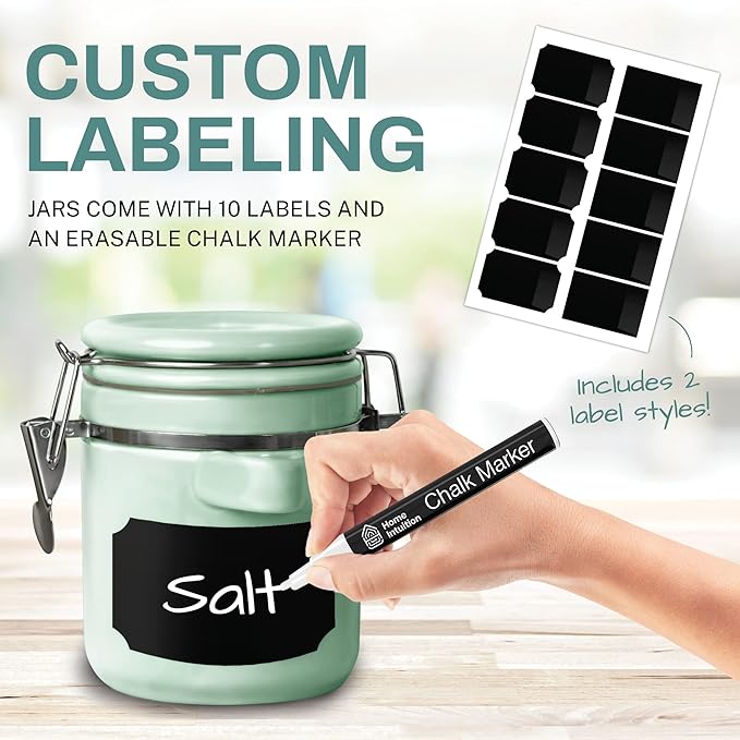 Home Intuition 4-Piece Ceramic Kitchen Canisters Set, Airtight Containers with Wooden Spoons Reusable Chalk Labels and Marker for Sugar, Coffee, Flour, Tea (Mint)-Ruum Studio Home