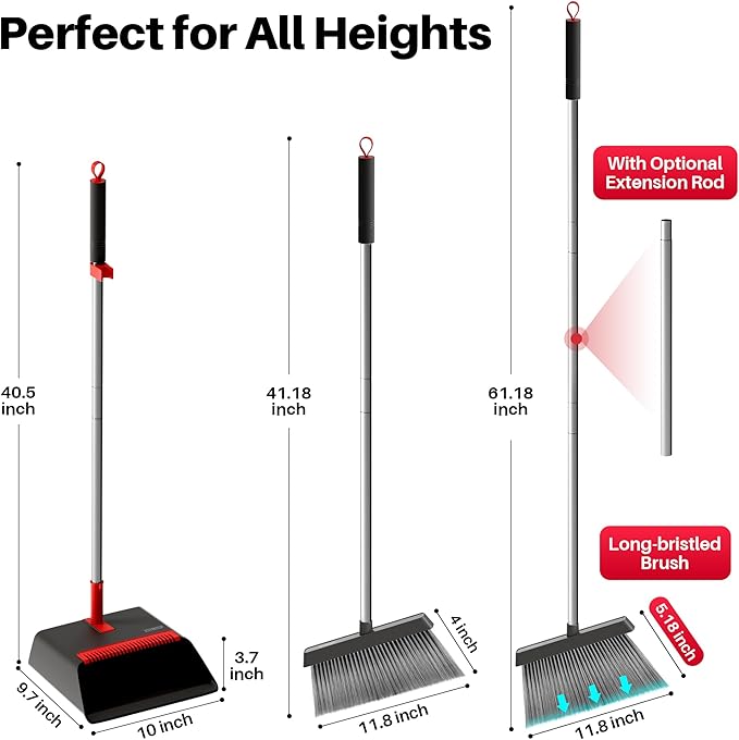 JOYMOOP Black and Red Broom and Dustpan Set, Upright Angle Design with Built-in Comb Teeth for Home, Office, Hard Floors-Ruum Studio Home