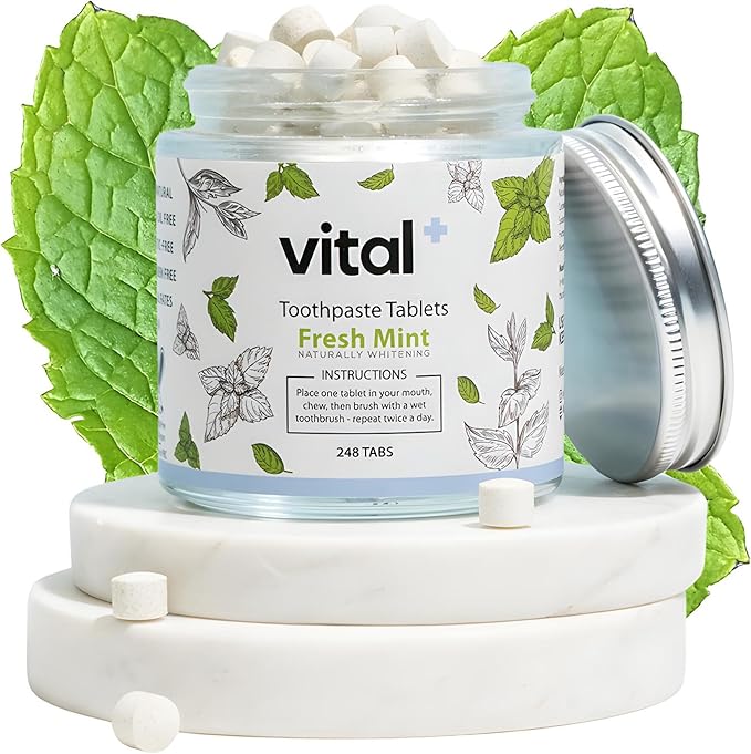 Vital Toothpaste Tabs with 7% Nano-Hydroxyapatite | Naturally Whitens + Remineralizes Teeth | Fluoride & Plastic Free | Combats Sensitivity | Travel & Eco Friendly | Fresh Mint | 248 Tablets (4 Month)-Ruum Studio Home
