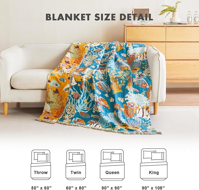 MSGKV Throw Blanket for Couch Bed Cotton Muslin Breathable Cute Ocean Animals Twin Size Blanket 60"x80" for All Seasons Lightweight Farmhouse Blankets-Ruum Studio Home