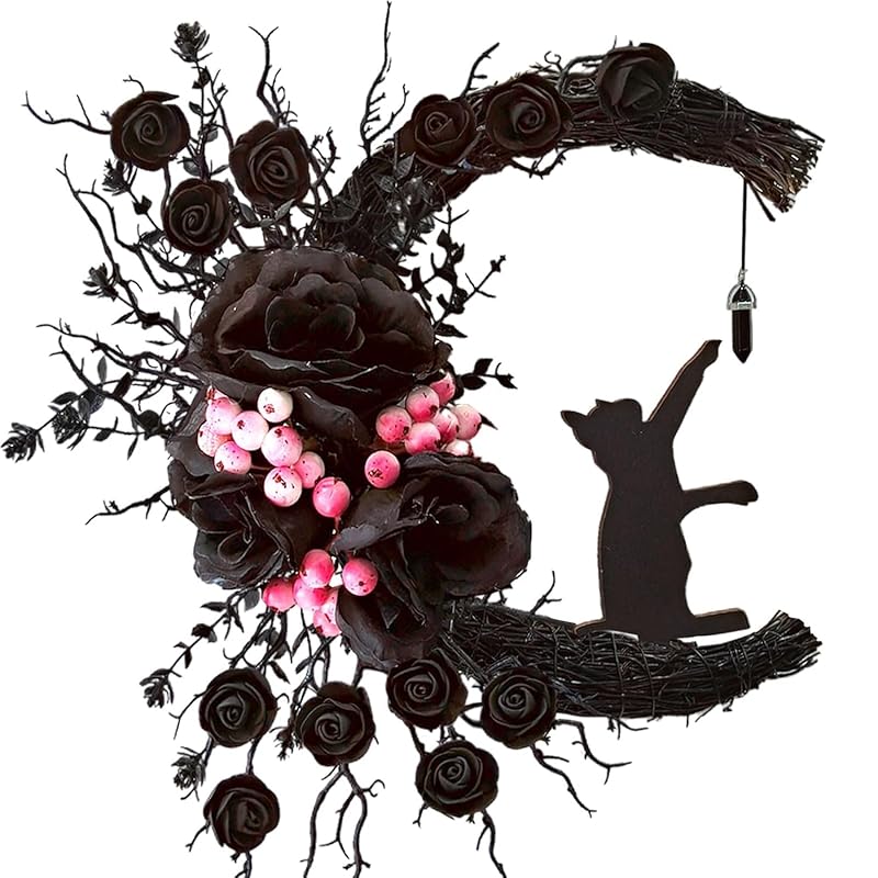 Halloween Wreaths for Front Door with Light, Black Cat on Moon Garland with Rose Wreath Decor, Halloween Decorations Crescent Moon Wreath for Home Party Window Wall Indoor Outdoor (black flower)-Ruum Studio Home