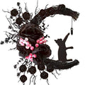 Halloween Wreaths for Front Door with Light, Black Cat on Moon Garland with Rose Wreath Decor, Halloween Decorations Crescent Moon Wreath for Home Party Window Wall Indoor Outdoor (black flower)-Ruum Studio Home