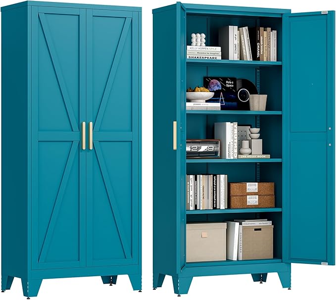 71'' Farmhouse Metal Storage Cabinet with Barn Doors,Steel File Cabinet for Home Office,Kitchen Pantry 4 Adjustable Shelves,Freestanding Cupboard for Kitchen,Home Office (Peacock Blue)-Ruum Studio Home