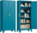 71'' Farmhouse Metal Storage Cabinet with Barn Doors,Steel File Cabinet for Home Office,Kitchen Pantry 4 Adjustable Shelves,Freestanding Cupboard for Kitchen,Home Office (Peacock Blue)-Ruum Studio Home