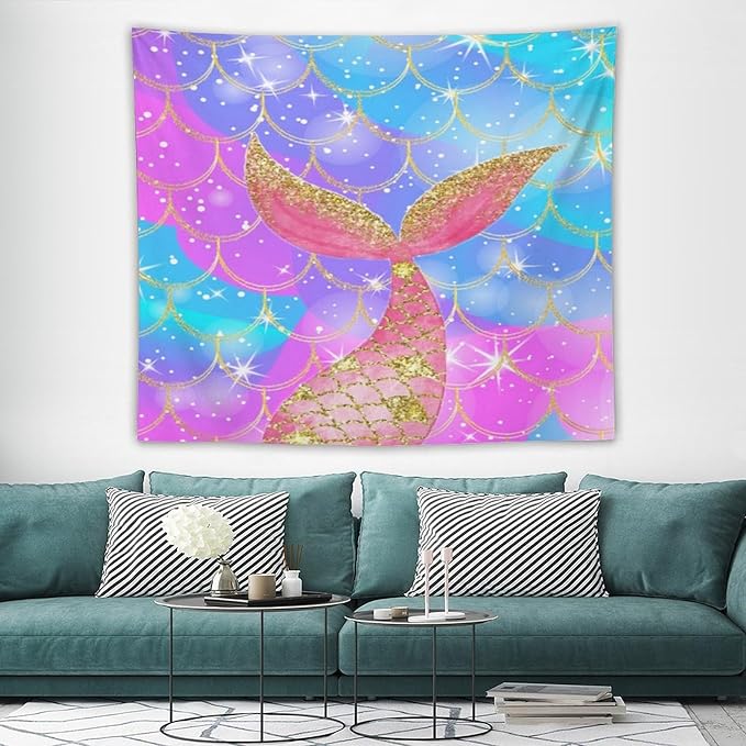 HZOHNAGO Mermaid Scales Tapestry Colorful Shiny Scales Mermaid Tail Pattern Printed Wall Tapestry Wall Hanging for Bedroom Living Room Dorm 60" W x 50" H-Ruum Studio Home