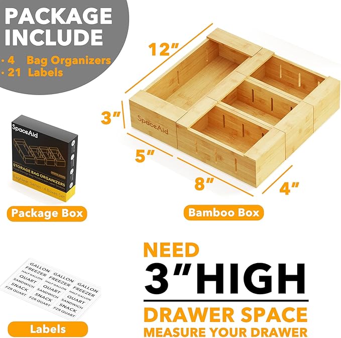 SpaceAid Bag Storage Organizer for Kitchen Drawer, Bamboo Organizer, Compatible with Gallon, Quart, Sandwich and Snack Variety Size Bag (4 Pack)-Ruum Studio Home