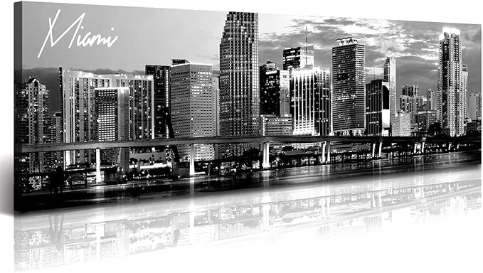 DJSYLIFE Miami Skyline Wall Art Decor Panoramic Cityscape Picture Modern USA City Night View Canvas Prints for Bedroom Office Living Room Decoration Stretched and Framed Ready to Hang 13.8"x47.3"-Ruum Studio Home