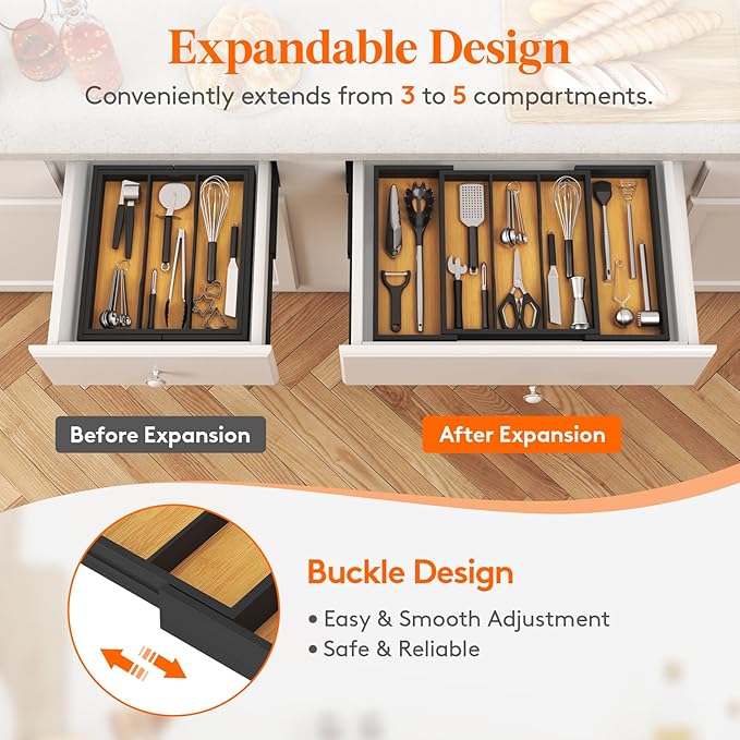 Lifewit Utensil Organizer for Kitchen Drawer, Bamboo Cooking Utensil Tray, Expandable Cutlery Silverware Flatware Holder, Adjustable Spatula Tools Gadgets Storage Divider, Large, Natural and Black-Ruum Studio Home