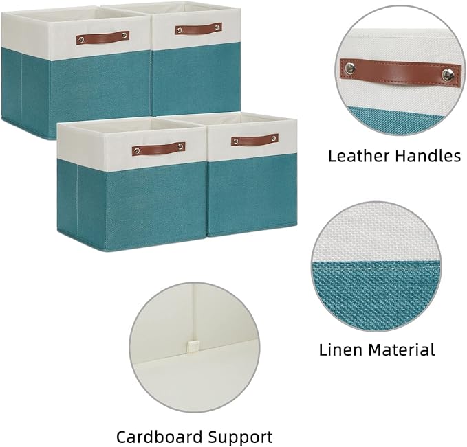 HNZIGE Storage Cubes Bins for Organization Set of 4, Fabric Storage Cube 12 x12, Collapsible Storage Bins Basket Cube with Handles, Canvas for Organizing Shelf Home Nursery(Teal White)-Ruum Studio Home