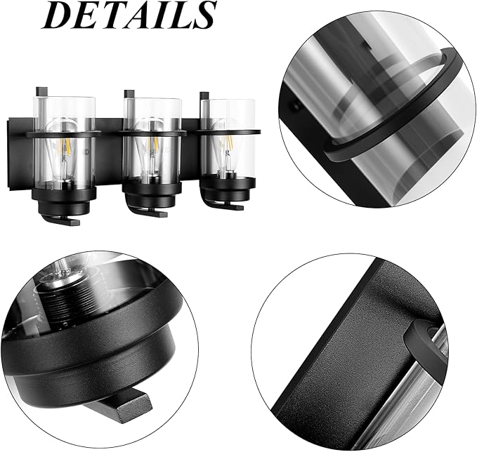 Bathroom Vanity Light Fixtures,Rustic Matte Black Vanity Lights 3 Bulb,Industrial Bathroom Light 3 Pack(Bulbs not Included)-Ruum Studio Home