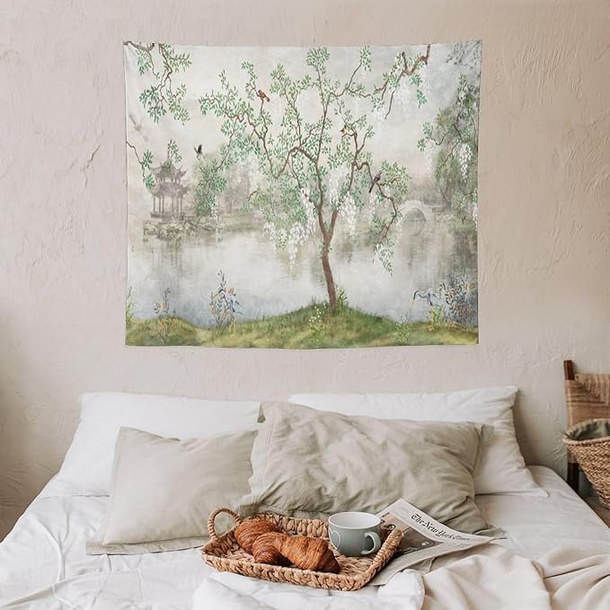 HZOHNAGO Japanese Tapestry Tree Misty Garden Lake Printed Wall Tapestry Ink Painting Wall Hanging for Bedroom Living Room Dorm 60" W x 50" H-Ruum Studio Home