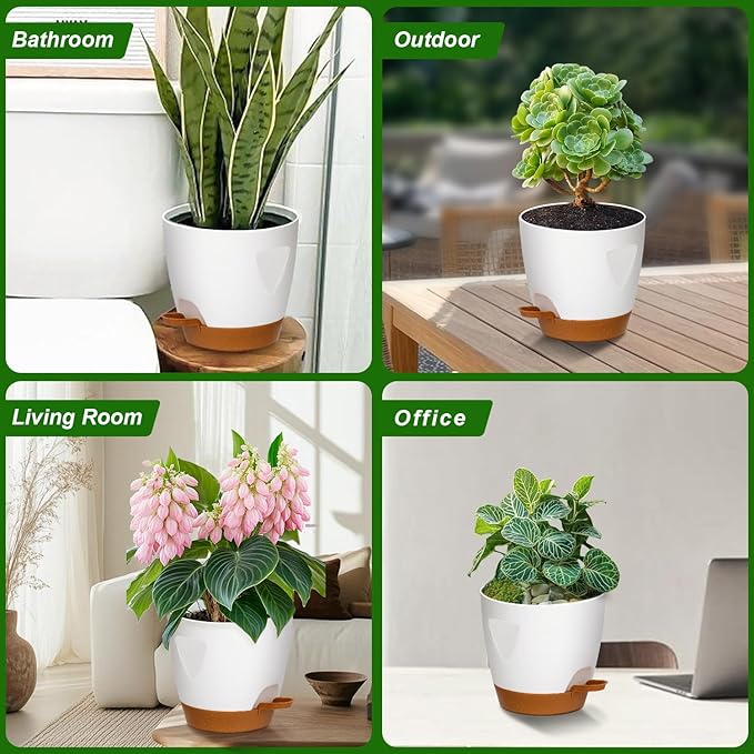 Uneed Indoor Self Watering Planters with Drainage Holes and Saucers, 7/6.5/6/5.5/5 Inch-5 Pots,for Indoor Plants, Herbs, Succulents (White)-Ruum Studio Home