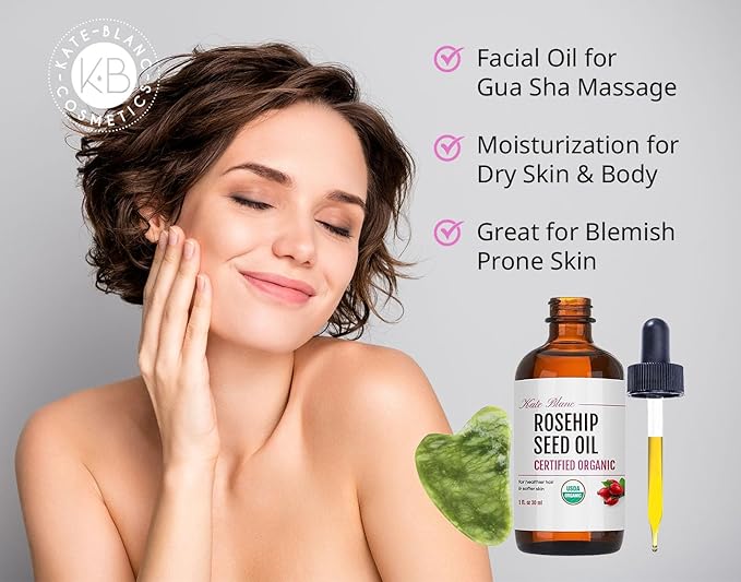 Kate Blanc Cosmetics Rosehip Oil for Face with Jade Gua Sha Stone (1oz, Organic, Pure, Cold Pressed) Rosehip Seed Face Oil for Gua Sha Massage-Ruum Studio Home