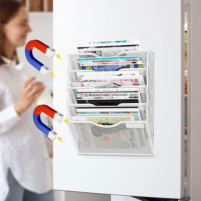 5-Tier Magnetic File Organizer, No Drilling Installation, White Magnetic Paper Holder, Magazine Rack for Refrigerator and File Cabinets-Ruum Studio Home