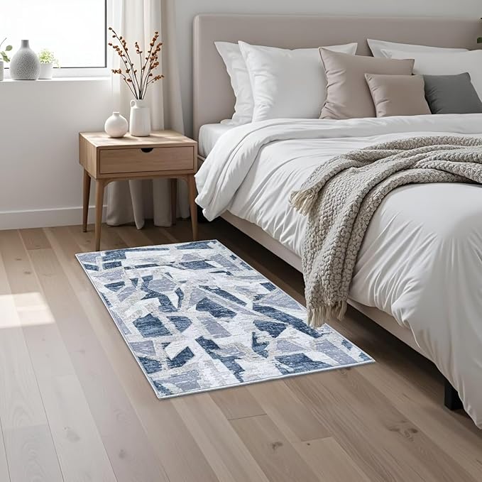 Modern Abstract Door Mat Indoor Entrance 2X3 Blue Rug Washable, Non-Slip Small Rugs for Entryway Bathroom Ultra-Thin, Throw Carpet for Kitchen Bedroom Nursery Kids Print Faux Wool-Ruum Studio Home