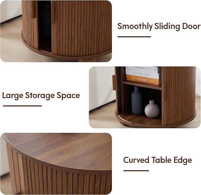 Farmhouse Round End Table with Charging Station, 24" Large Fluted Sofa Side Table with Sliding Tambour Door & Storage, Mid-Century Wood Nightstand for Living Room, Bedroom (Walnut)-Ruum Studio Home