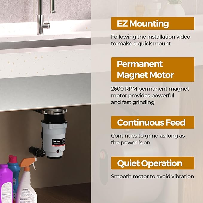 1/2 HP Garbage Disposals, TECASA Continuous Feed, Stainless Steel Food Waste Grinding System for Kitchen Sink Food Waste, Power Cord Included, UL Certified - HyperCrush 50-Ruum Studio Home