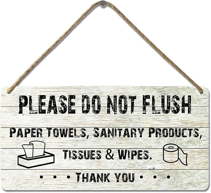 Do Not Flush Sign for Bathroom Toilet Signs Please Do Not Flush Paper Towels, Sanitary Products, Tissues & Wipes Vintage Bathroom Wooden Signs for Home Decor Funny Toilet Restroom Sign 12x6 Inch-Ruum Studio Home