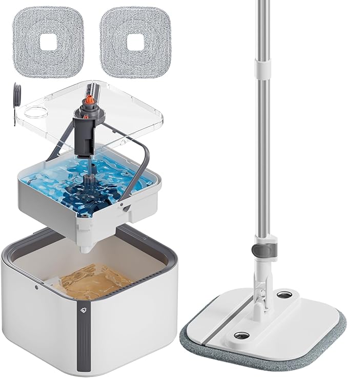 KZKR Spin Mop and Bucket Set with Self Separation Dirty and Clean Water System, Self Wringing 360° Rotating Square Mop Head for Home Floors Cleaning (2.0 Mop and Bucket Set (2 Pads))-Ruum Studio Home